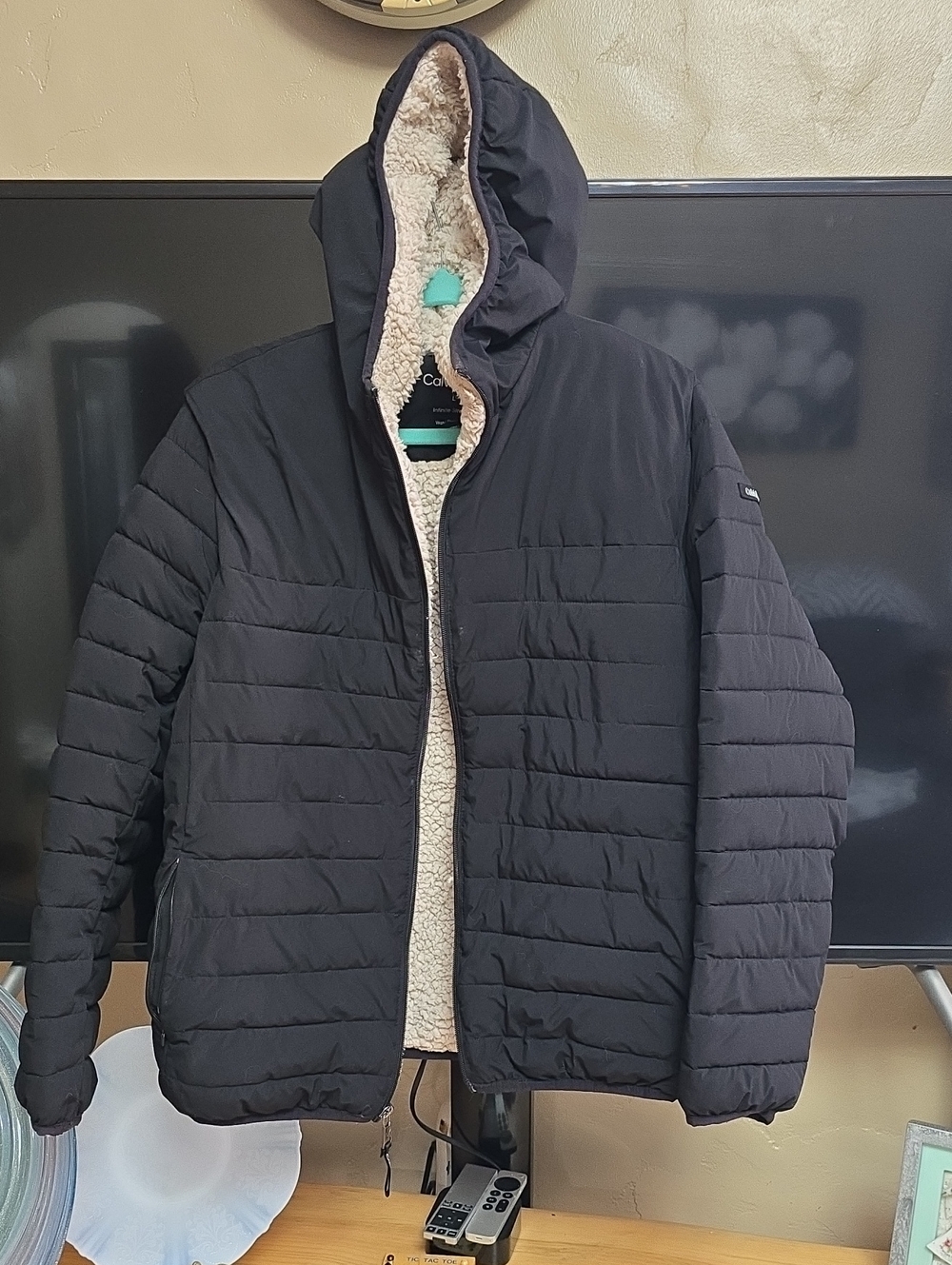 Calvin Klein Black Quilted Hooded Puffer Jacket with Cream Sherpa Lining